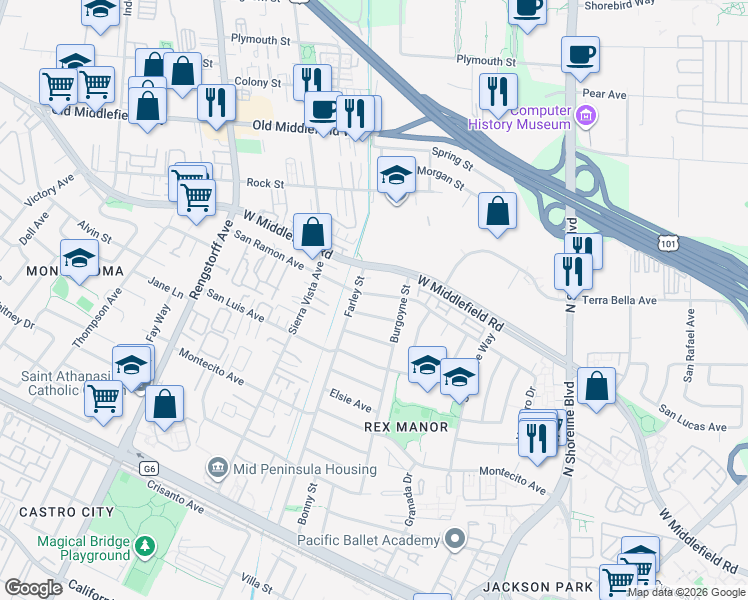 map of restaurants, bars, coffee shops, grocery stores, and more near 1859 San Ramon Avenue in Mountain View