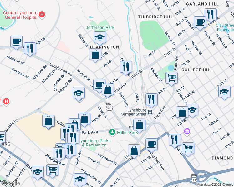 map of restaurants, bars, coffee shops, grocery stores, and more near 1900 Memorial Avenue in Lynchburg