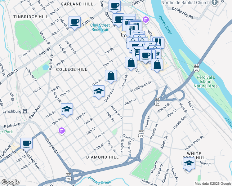 map of restaurants, bars, coffee shops, grocery stores, and more near 712 13th Street in Lynchburg