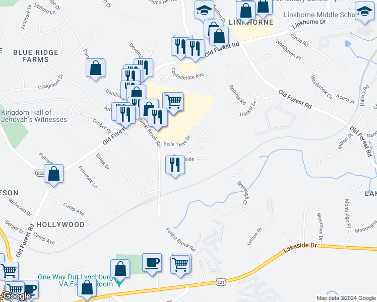 map of restaurants, bars, coffee shops, grocery stores, and more near 107 Fountain Drive in Lynchburg