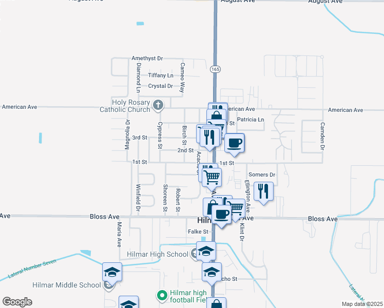 map of restaurants, bars, coffee shops, grocery stores, and more near 20099 2nd Street in Hilmar