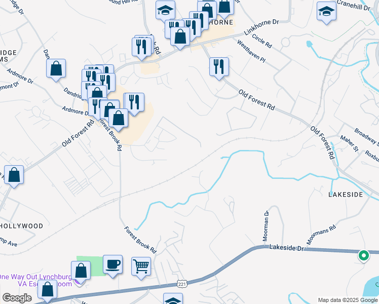 map of restaurants, bars, coffee shops, grocery stores, and more near 111 Meriwether Road in Lynchburg
