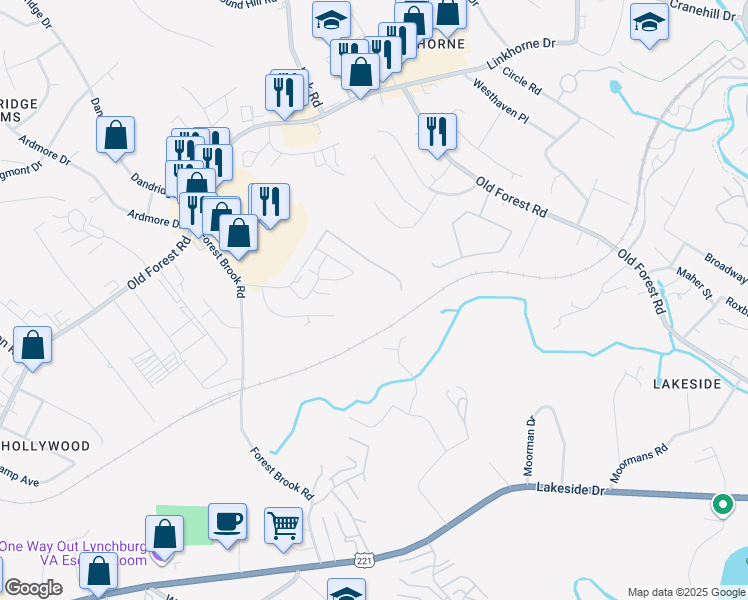 map of restaurants, bars, coffee shops, grocery stores, and more near 109 Meriwether Road in Lynchburg