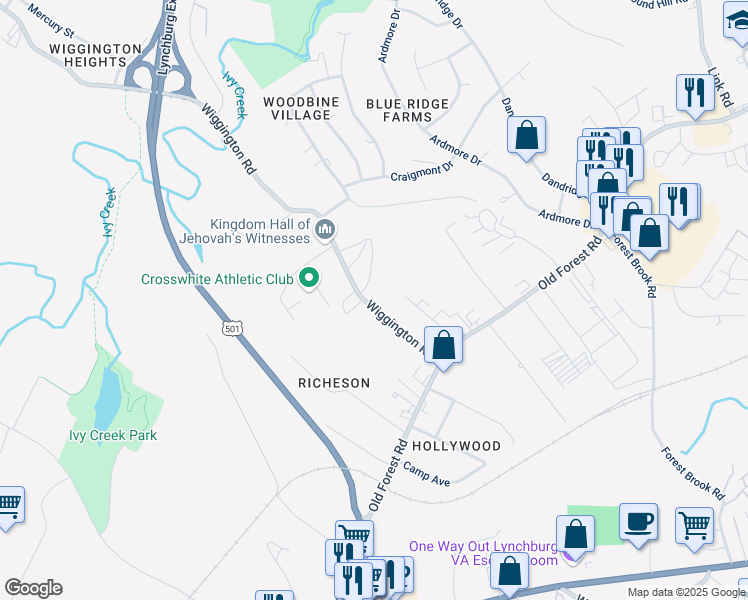 map of restaurants, bars, coffee shops, grocery stores, and more near 210 Wiggington Road in Lynchburg