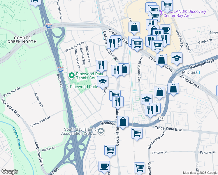 map of restaurants, bars, coffee shops, grocery stores, and more near 83 Cedar Way in Milpitas