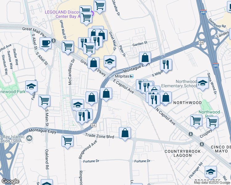 map of restaurants, bars, coffee shops, grocery stores, and more near 1685 Delano Street in Milpitas