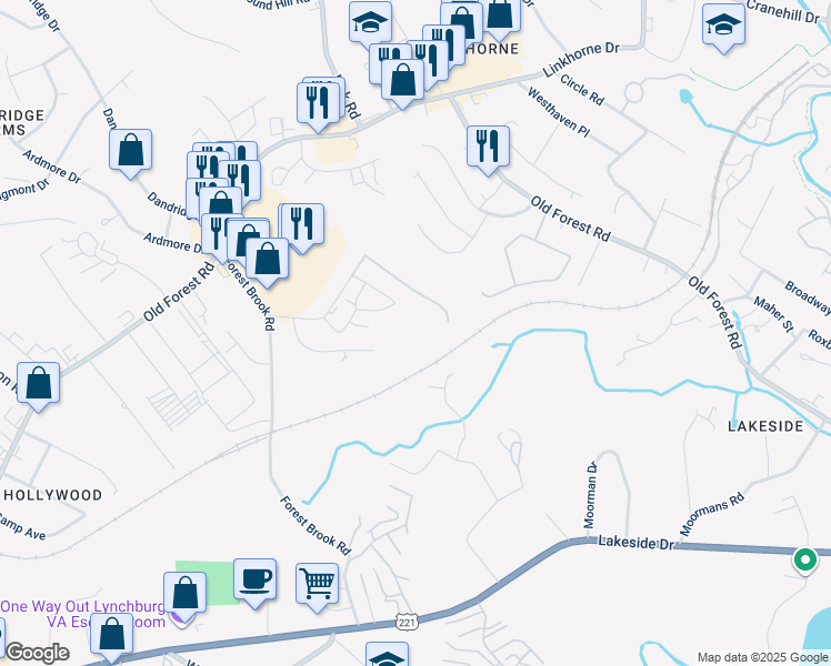 map of restaurants, bars, coffee shops, grocery stores, and more near 107 Meriwether Road in Lynchburg