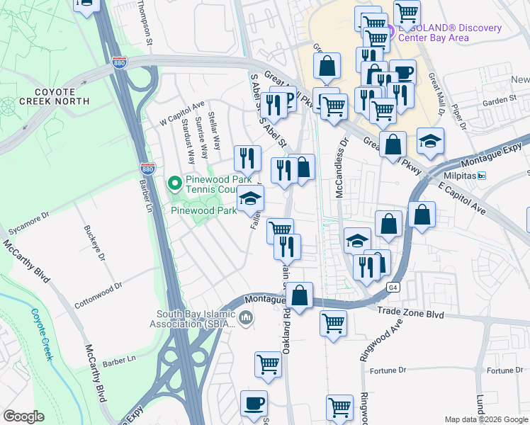 map of restaurants, bars, coffee shops, grocery stores, and more near 83 Cedar Way in Milpitas