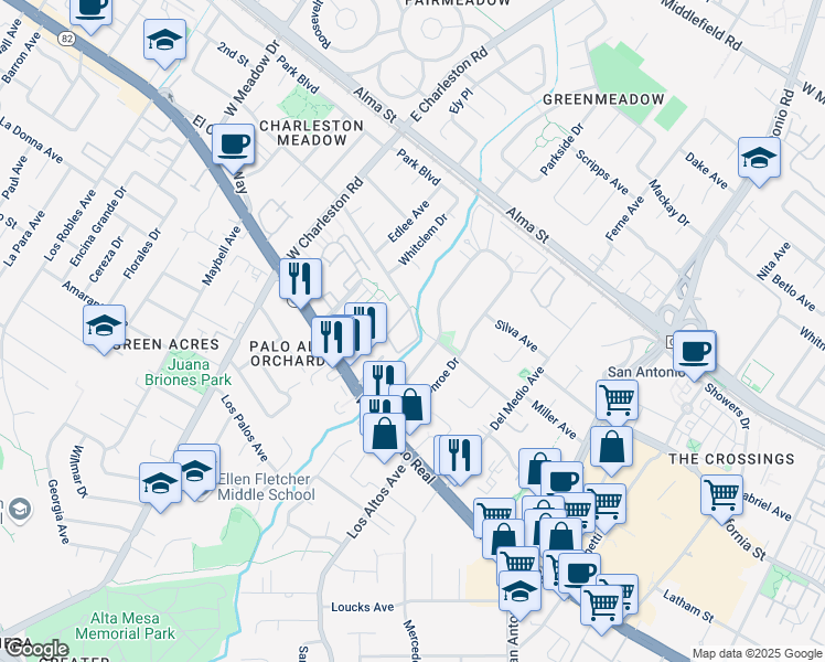 map of restaurants, bars, coffee shops, grocery stores, and more near 4298 Wilkie Way in Palo Alto