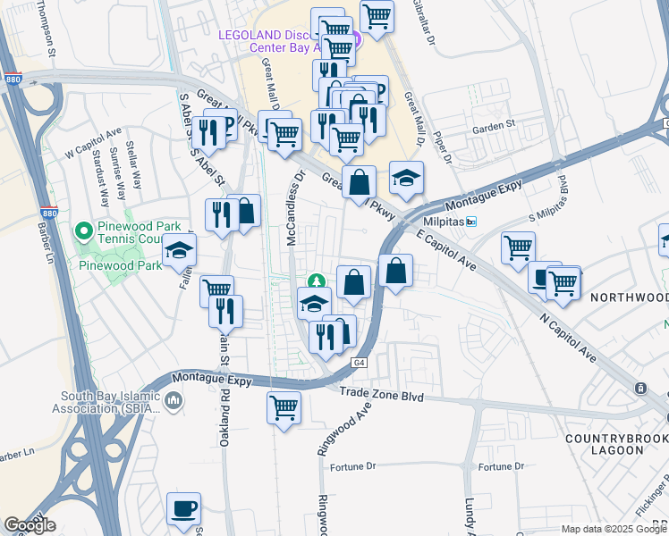 map of restaurants, bars, coffee shops, grocery stores, and more near 1511 Coffee Berry Lane in Milpitas