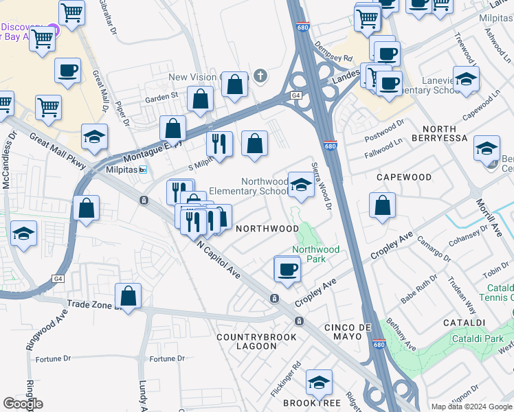 map of restaurants, bars, coffee shops, grocery stores, and more near 2679 Poplarwood Way in San Jose