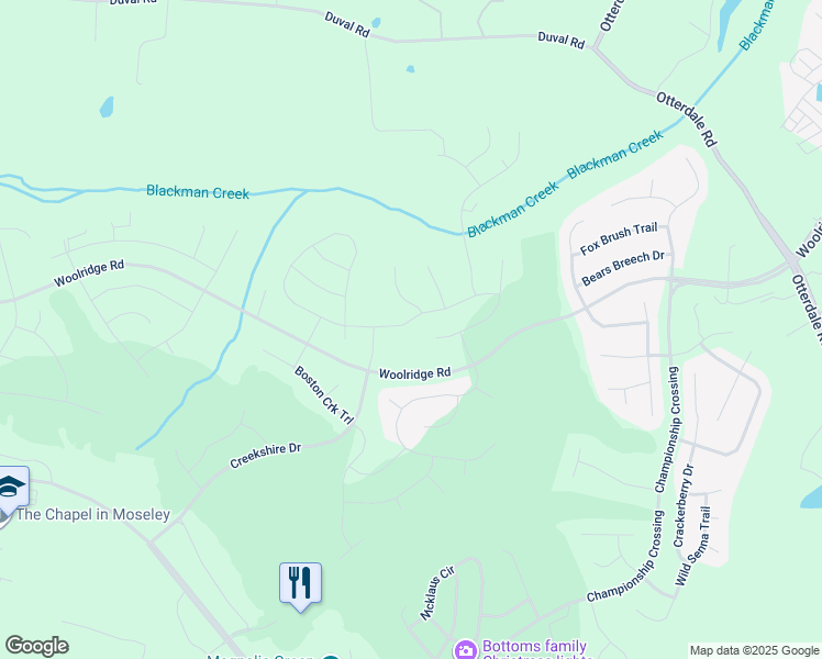 map of restaurants, bars, coffee shops, grocery stores, and more near 17719 Twin Falls Lane in Moseley