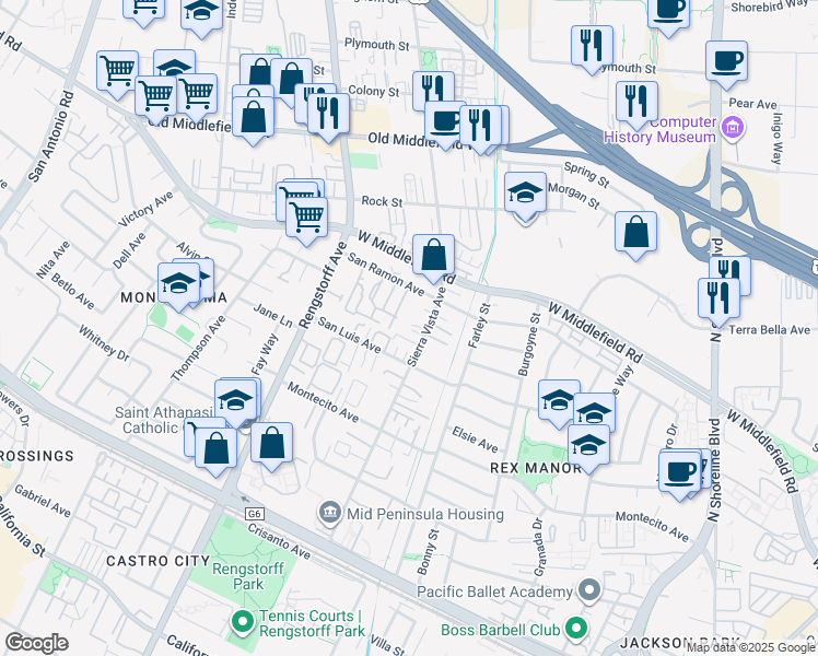 map of restaurants, bars, coffee shops, grocery stores, and more near 436 Sierra Vista Avenue in Mountain View
