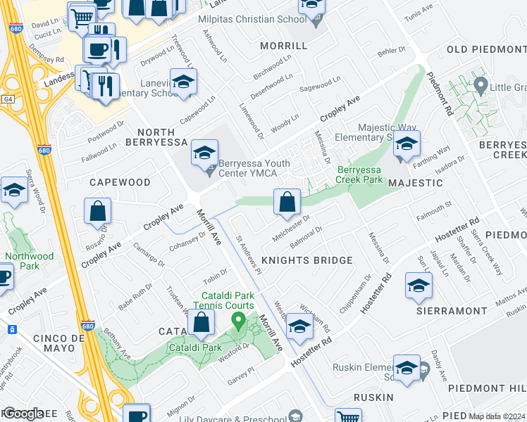 map of restaurants, bars, coffee shops, grocery stores, and more near 1888 Montford Court in San Jose