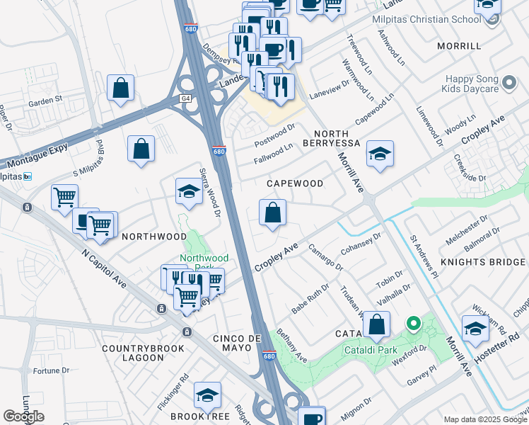 map of restaurants, bars, coffee shops, grocery stores, and more near 1964 Camargo Drive in San Jose