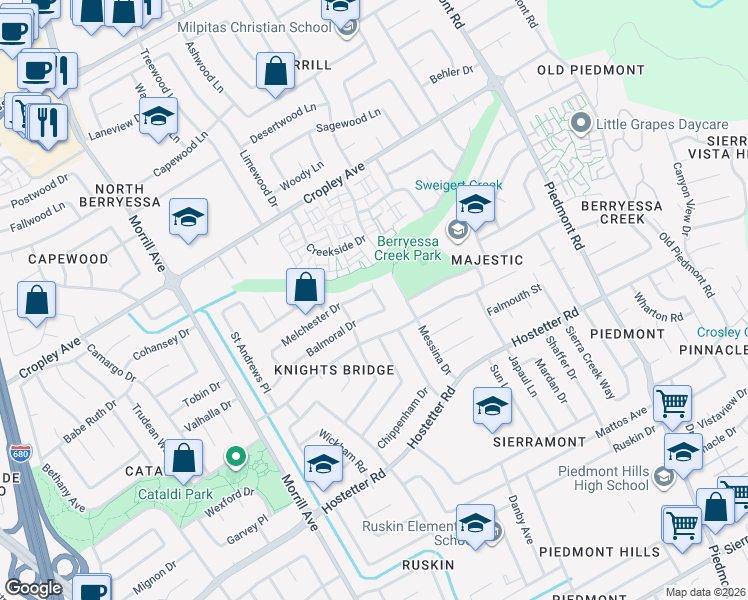 map of restaurants, bars, coffee shops, grocery stores, and more near 3153 Balmoral Drive in San Jose