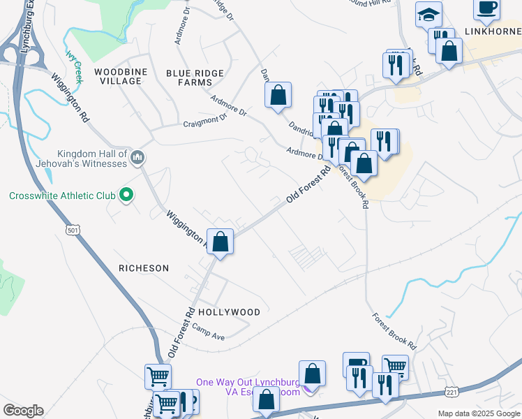 map of restaurants, bars, coffee shops, grocery stores, and more near 3600 Old Forest Road in Lynchburg