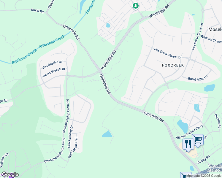 map of restaurants, bars, coffee shops, grocery stores, and more near 6726 Mayland Ridge Lane; in Moseley