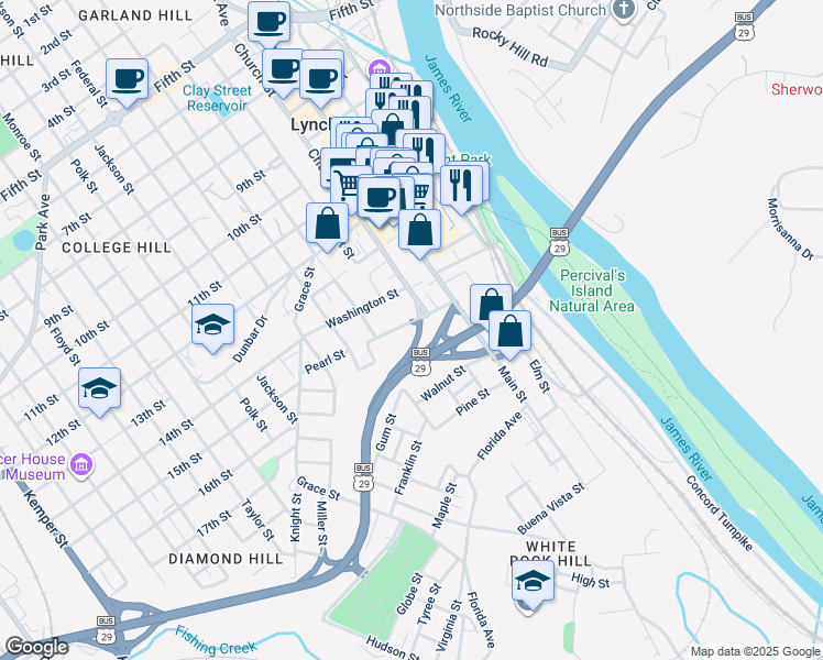 map of restaurants, bars, coffee shops, grocery stores, and more near 314 Pearl Street in Lynchburg