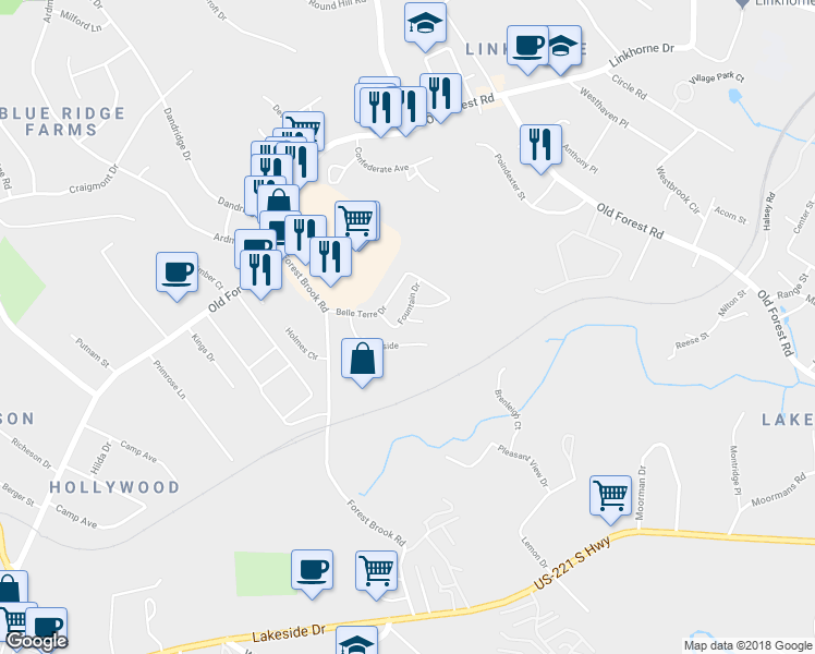 map of restaurants, bars, coffee shops, grocery stores, and more near 3 Midland Avenue in Lynchburg
