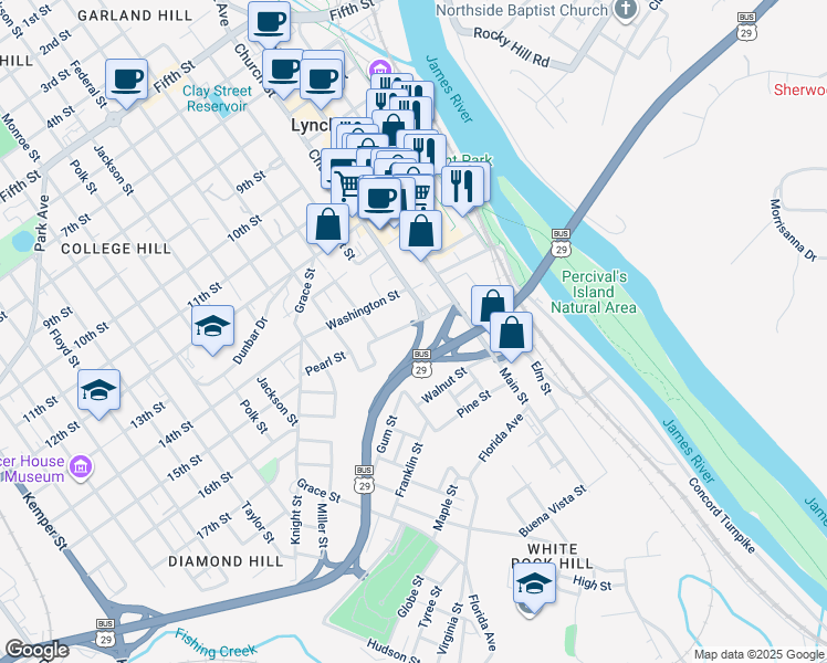map of restaurants, bars, coffee shops, grocery stores, and more near 314 Pearl Street in Lynchburg