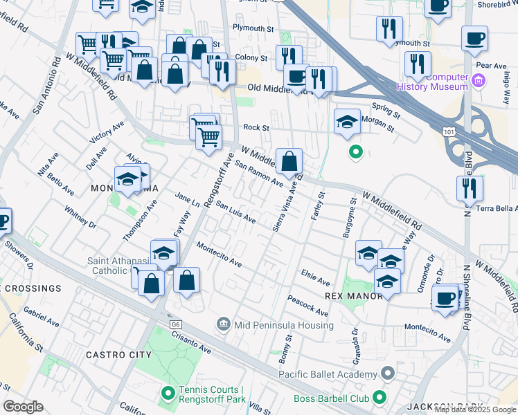 map of restaurants, bars, coffee shops, grocery stores, and more near 416 Saint Emilion Court in Mountain View