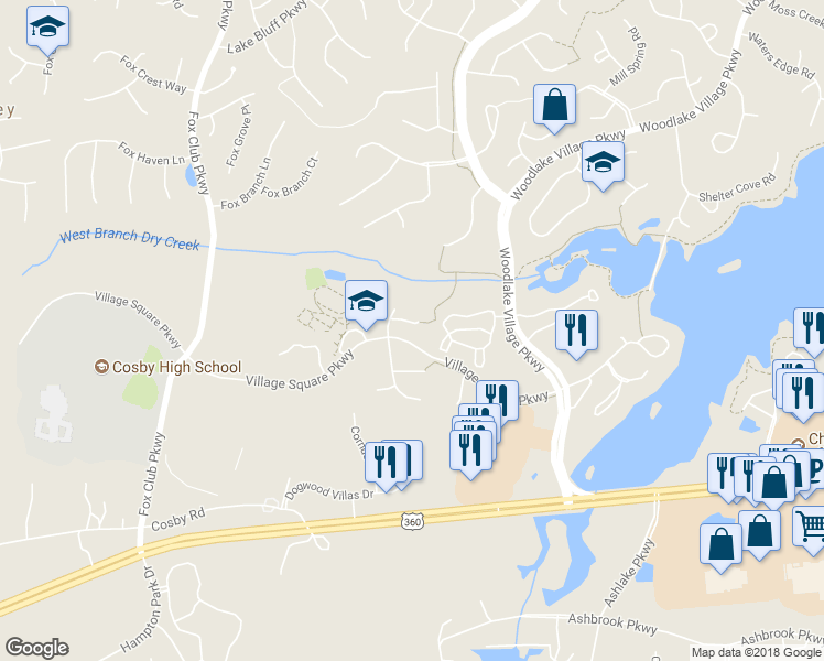 map of restaurants, bars, coffee shops, grocery stores, and more near 15007 Hickory Grove Place in Midlothian