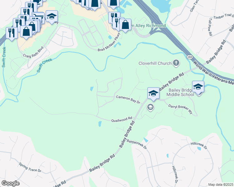 map of restaurants, bars, coffee shops, grocery stores, and more near 6055 Walking Path Lane in Midlothian