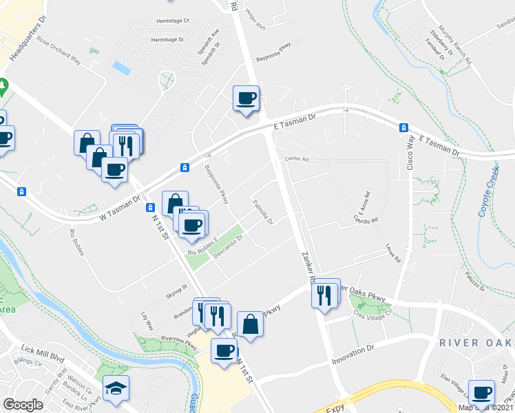 map of restaurants, bars, coffee shops, grocery stores, and more near Rio Robles E & Palmilla Dr in San Jose
