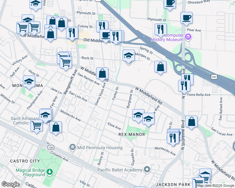 map of restaurants, bars, coffee shops, grocery stores, and more near 1859 San Ramon Avenue in Mountain View