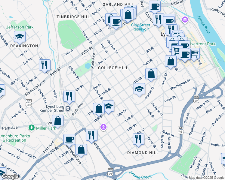 map of restaurants, bars, coffee shops, grocery stores, and more near 1005 Taylor Street in Lynchburg
