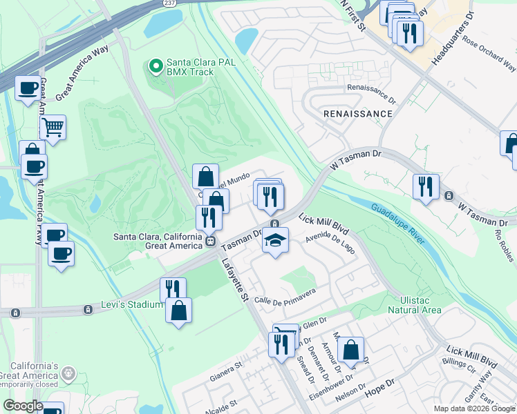 map of restaurants, bars, coffee shops, grocery stores, and more near 2272 Calle De Luna in Santa Clara