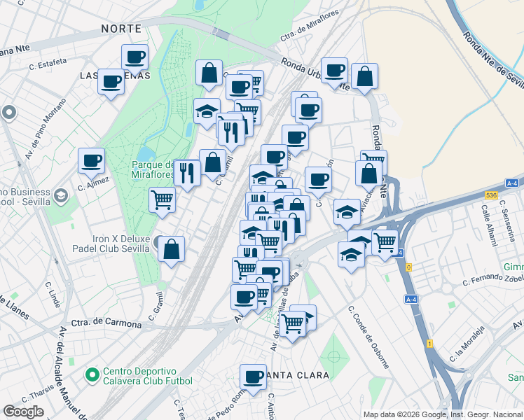 map of restaurants, bars, coffee shops, grocery stores, and more near 81 Calle Cobre in Sevilla