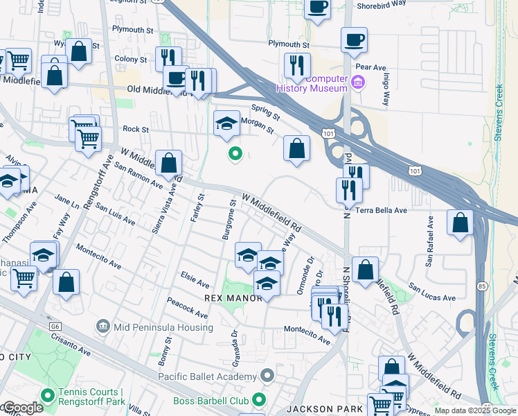 map of restaurants, bars, coffee shops, grocery stores, and more near 73 West Middlefield Road in Mountain View