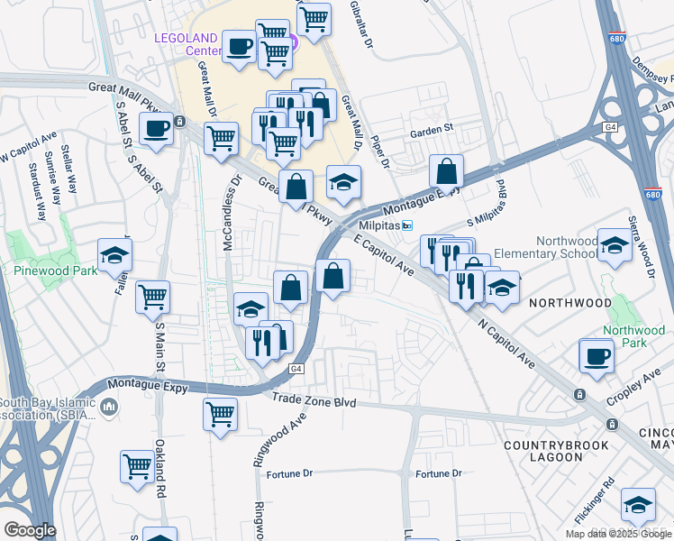 map of restaurants, bars, coffee shops, grocery stores, and more near 1625 Delano Street in Milpitas