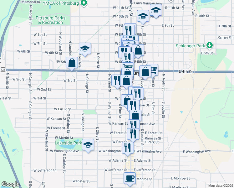 map of restaurants, bars, coffee shops, grocery stores, and more near 107 North Pine Street in Pittsburg
