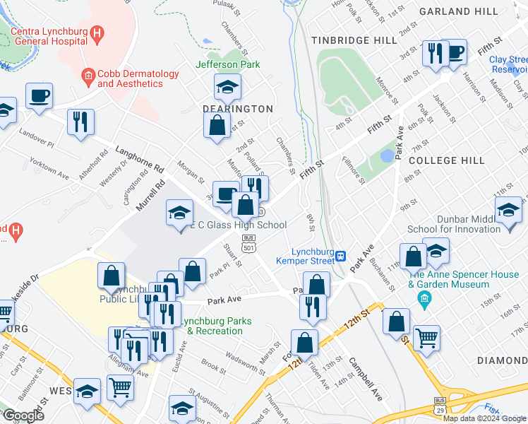 map of restaurants, bars, coffee shops, grocery stores, and more near 1900 Memorial Avenue in Lynchburg