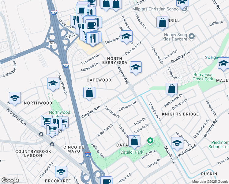 map of restaurants, bars, coffee shops, grocery stores, and more near 1901 Junewood Avenue in San Jose