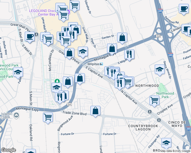 map of restaurants, bars, coffee shops, grocery stores, and more near 1821 South Milpitas Boulevard in Milpitas