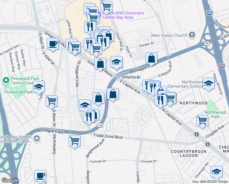 map of restaurants, bars, coffee shops, grocery stores, and more near 1625 Delano Street in Milpitas