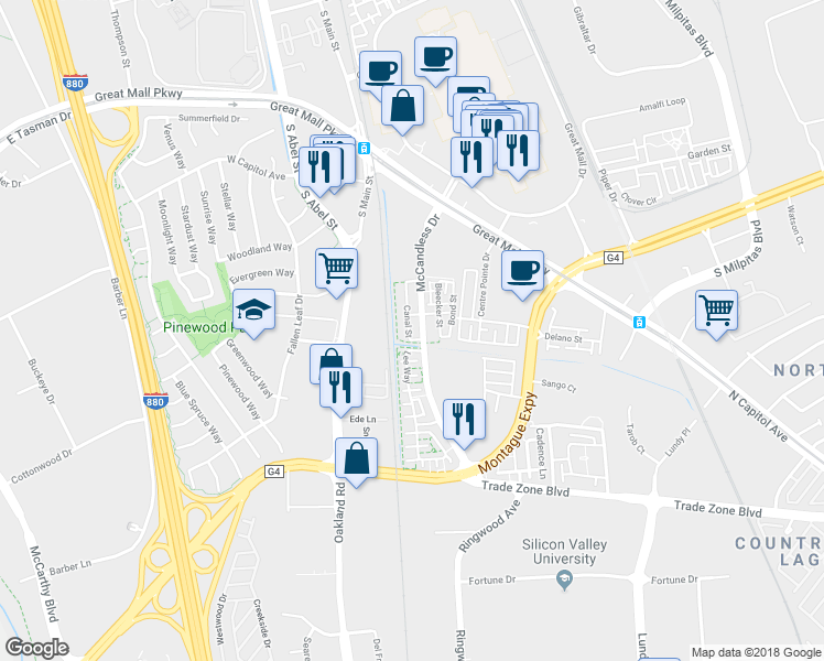 map of restaurants, bars, coffee shops, grocery stores, and more near 1597 Canal Street in Milpitas
