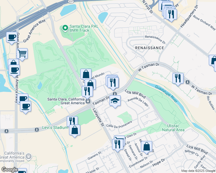 map of restaurants, bars, coffee shops, grocery stores, and more near 2272 Calle De Luna in Santa Clara