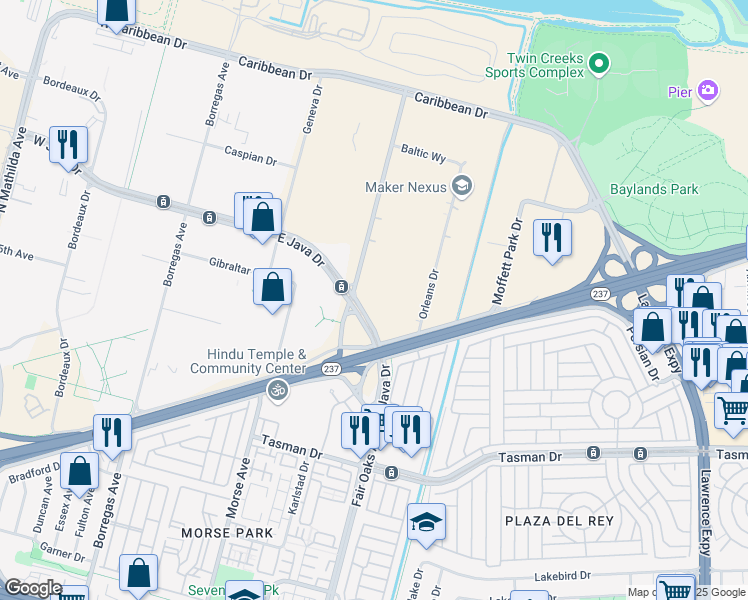 map of restaurants, bars, coffee shops, grocery stores, and more near 1240 Crossman Avenue in Sunnyvale