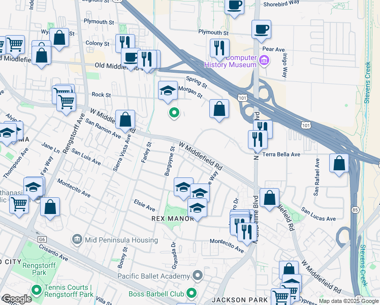 map of restaurants, bars, coffee shops, grocery stores, and more near 73 West Middlefield Road in Mountain View
