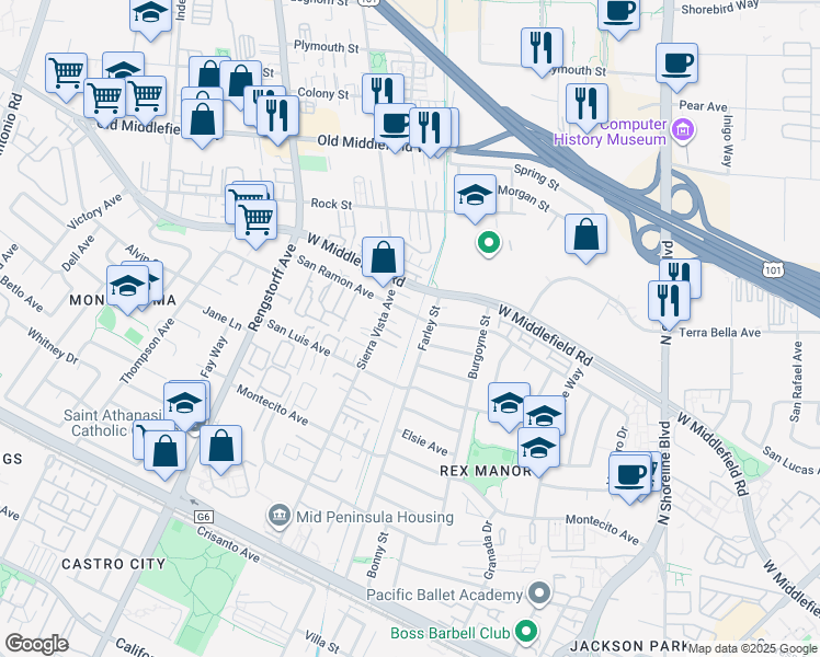 map of restaurants, bars, coffee shops, grocery stores, and more near 1905 San Ramon Avenue in Mountain View