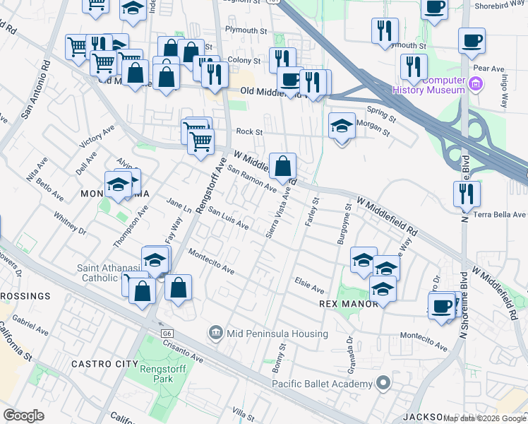 map of restaurants, bars, coffee shops, grocery stores, and more near 416 Saint Emilion Court in Mountain View
