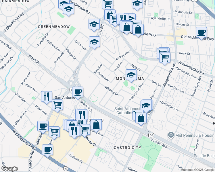 map of restaurants, bars, coffee shops, grocery stores, and more near 2482a Whitney Drive in Mountain View