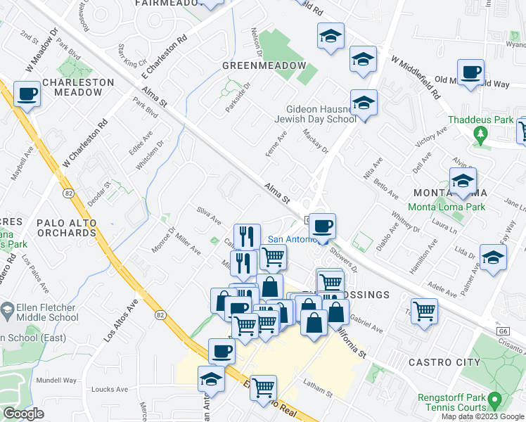map of restaurants, bars, coffee shops, grocery stores, and more near 141 Del Medio Avenue in Mountain View