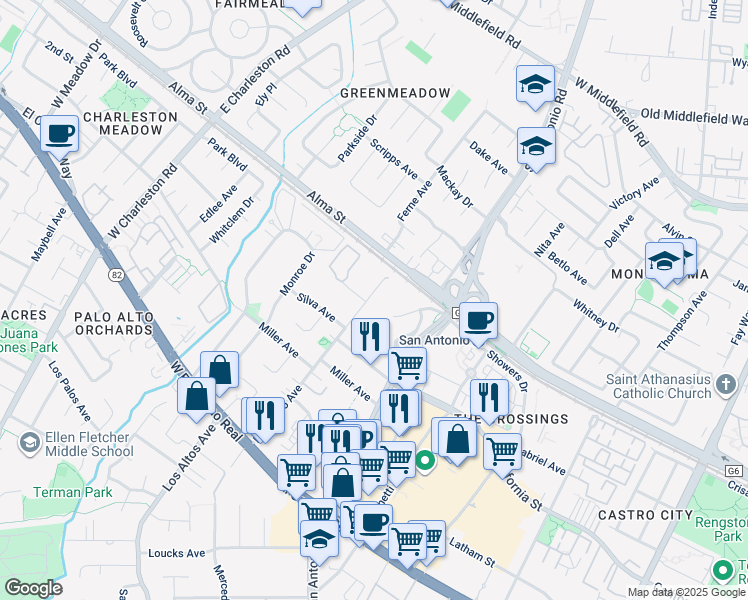 map of restaurants, bars, coffee shops, grocery stores, and more near 181 Del Medio Avenue in Mountain View