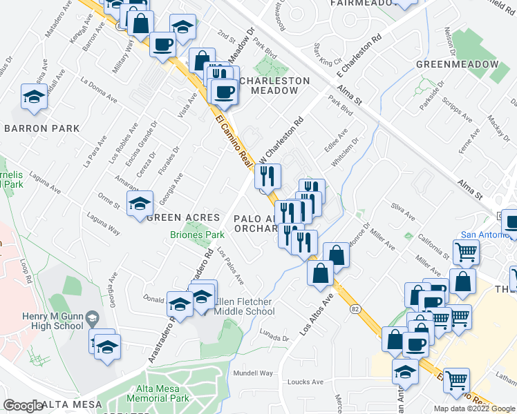 map of restaurants, bars, coffee shops, grocery stores, and more near 4230 California 82 in Palo Alto